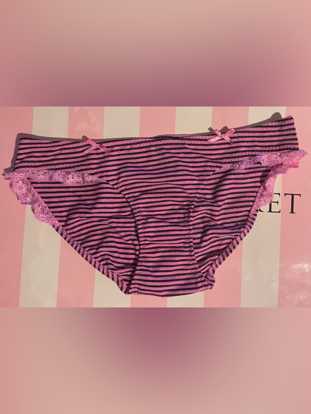 New vintage Victoria's Secret PINK bikini panties lace ruffles striped silver